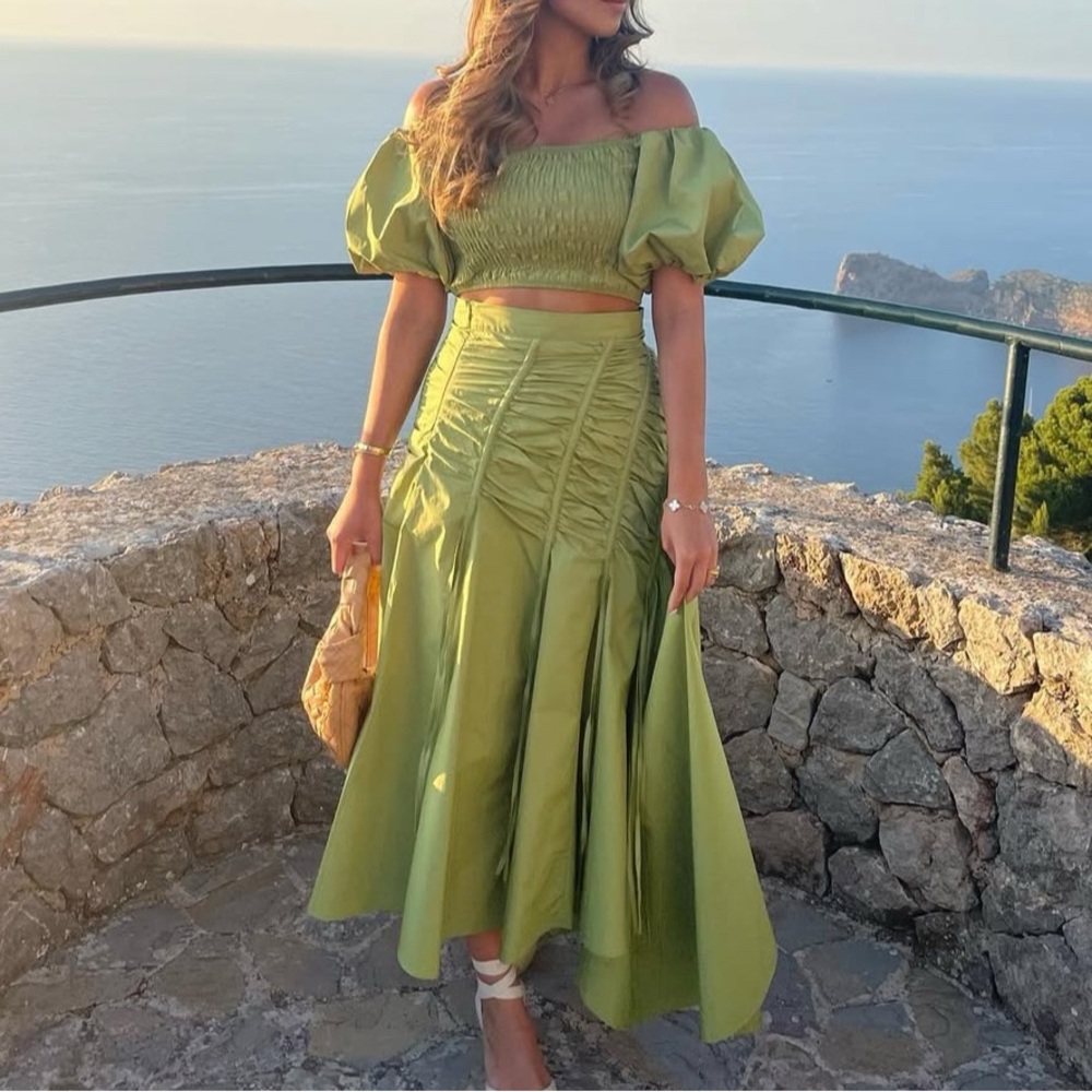 Aje Lime Green Ruched Midi Skirt